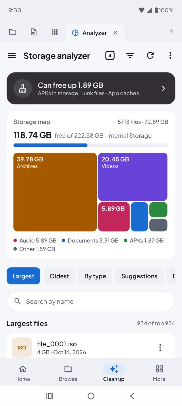 Storage analyzer with a map of archives, videos, audio and documents