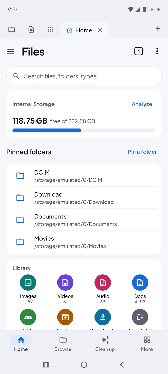 Refile's Home screen with internal storage, pinned folders and the media library