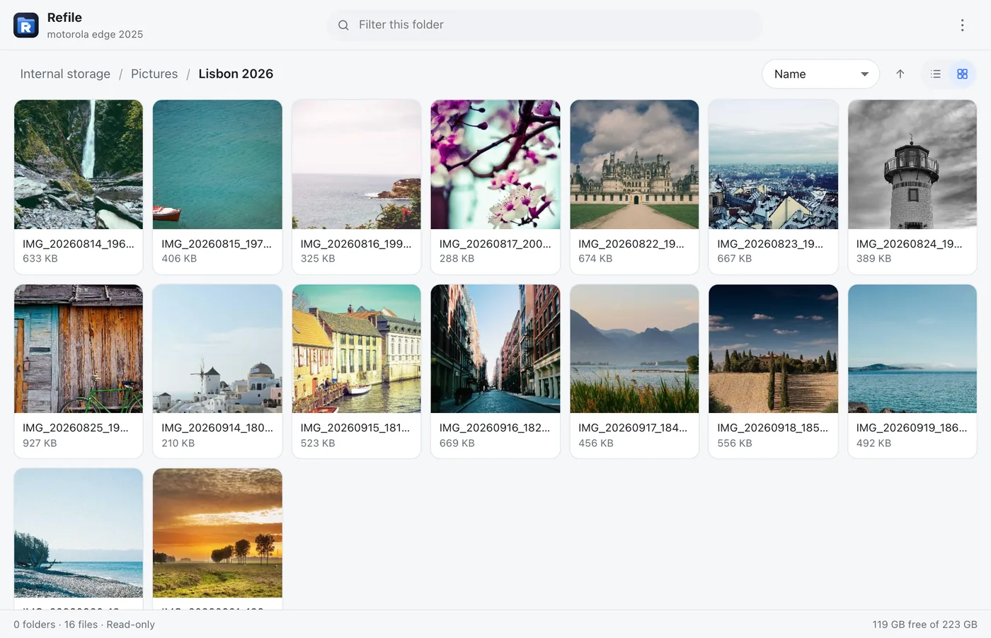 A desktop browser showing the phone's Lisbon 2026 photo folder
