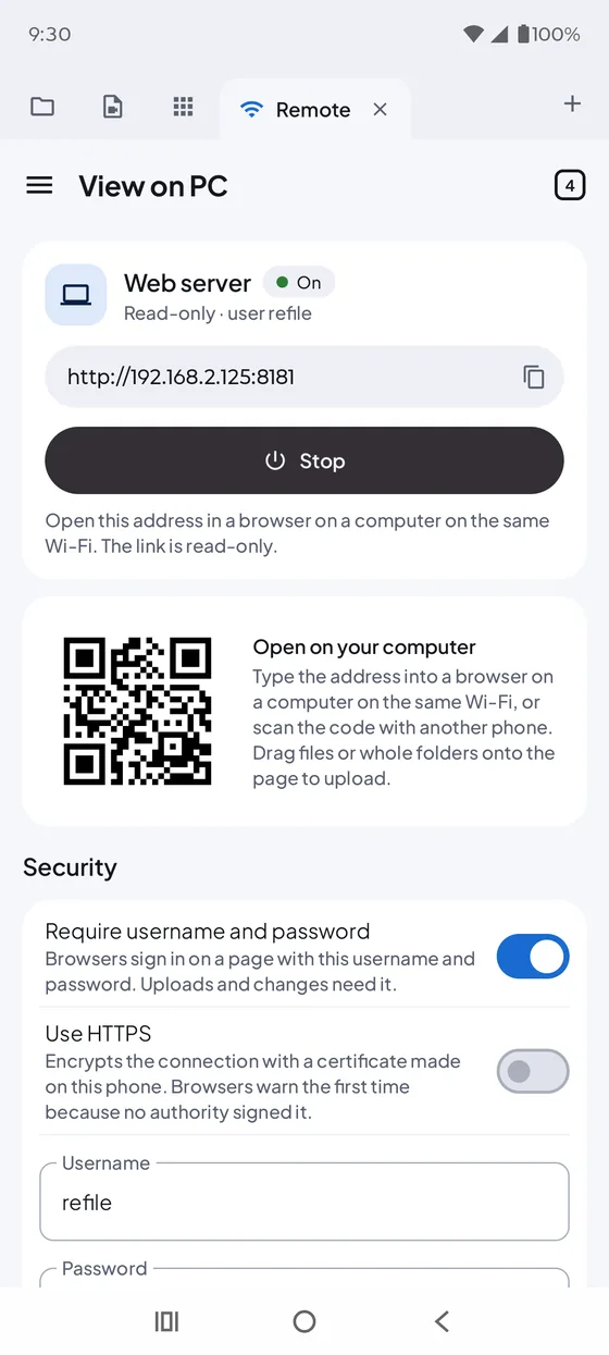 The View on PC screen with the server address and QR code