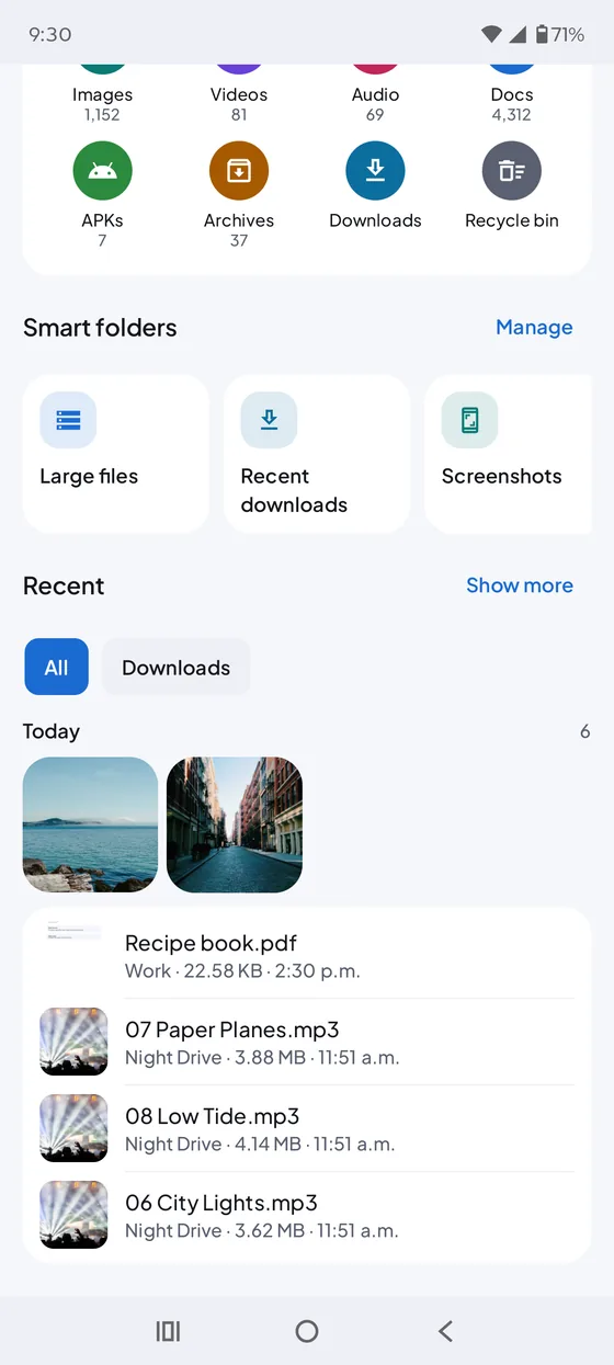 Refile's Home screen with smart folders and recent files