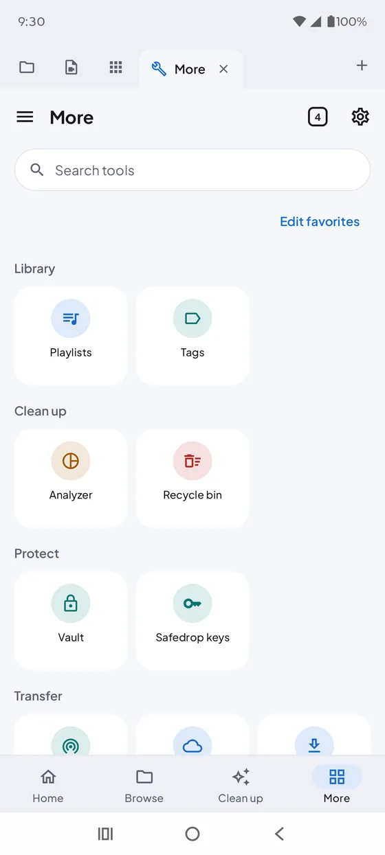 Tools grid with transfer, network and advanced tools